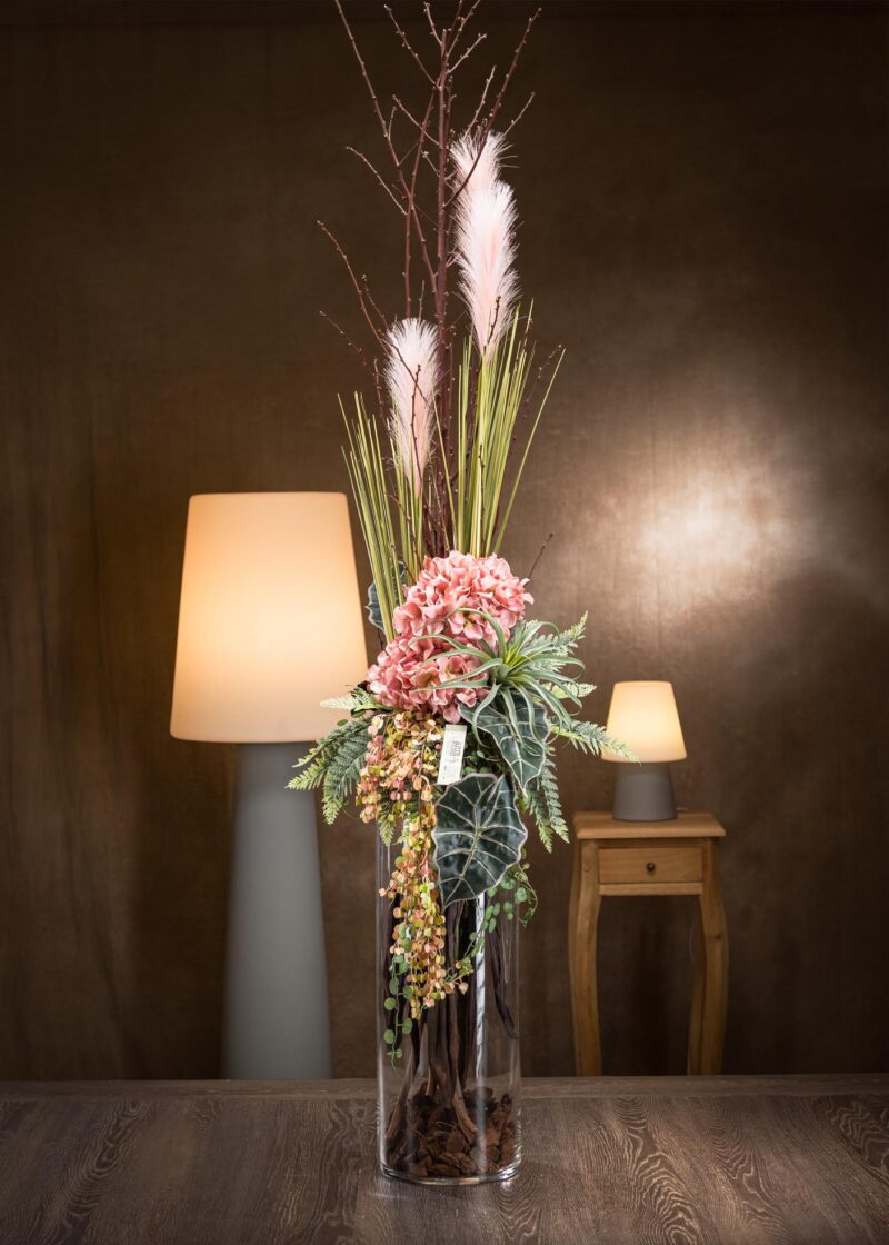 Composizione di fiori artificiali con Pampas e ortensie h 150 cm